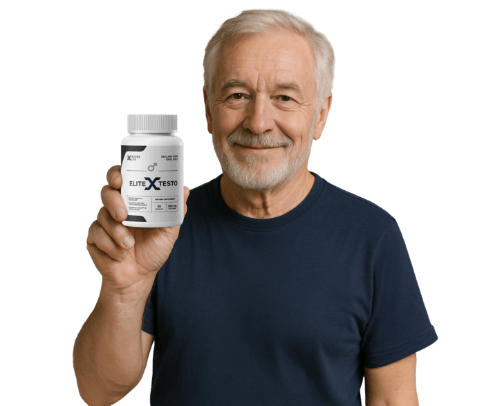 Man holding EliteXTesto guarantee bottle.
